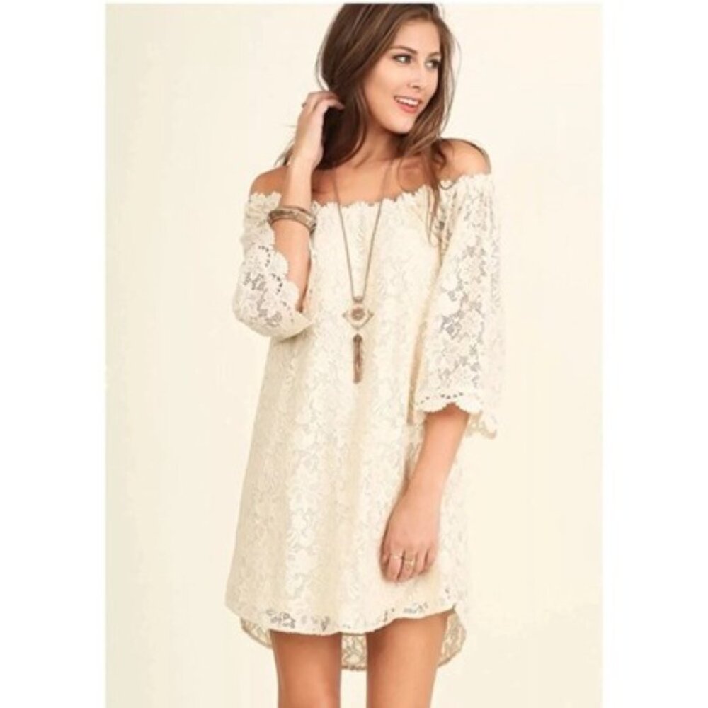 Umgee Off The Shoulder Dress Lined Stretch Cream Lace Bohemian Feminine Dainty S
